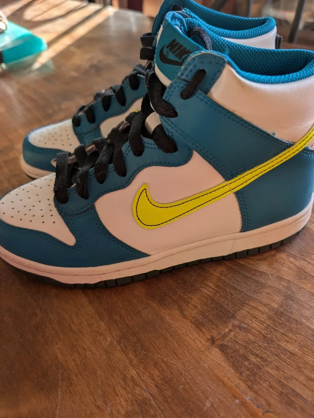 New Nike Kids Teal, White and Neon Yellow High-Top Sneakers